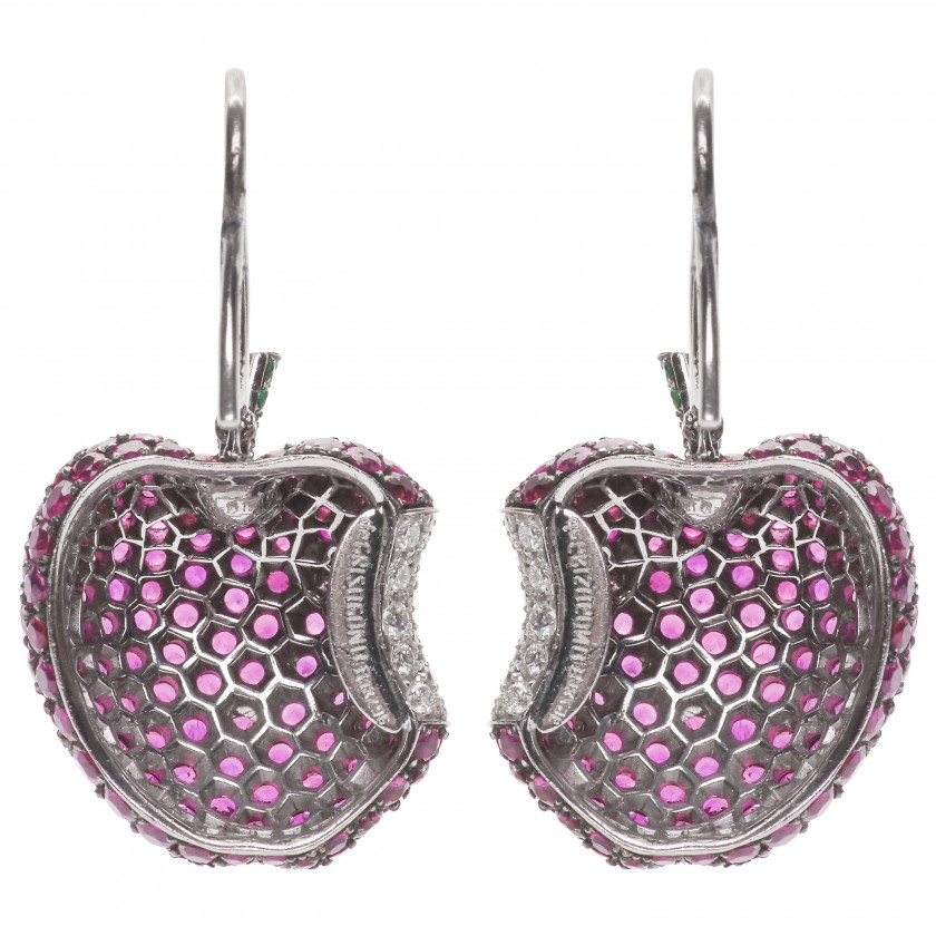 Gold earrings with pink sapphires, diamonds and emeralds "Apples"
