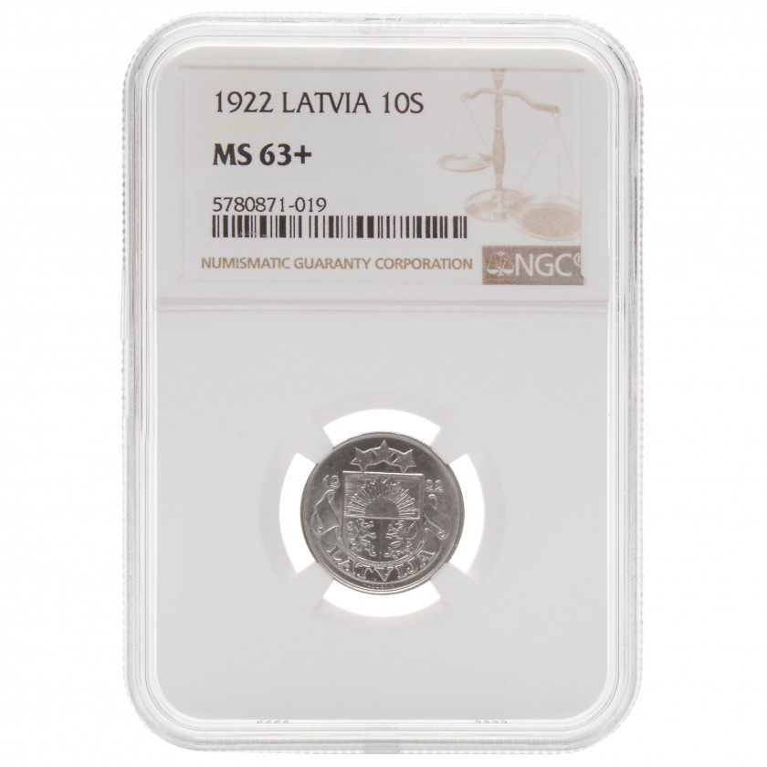 Монета в слабе NGC "10 сантим 1922 года, Латвия, MS 63+"