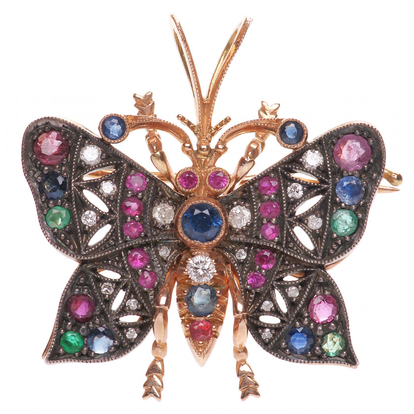 Gold brooch-pendant with precious stones