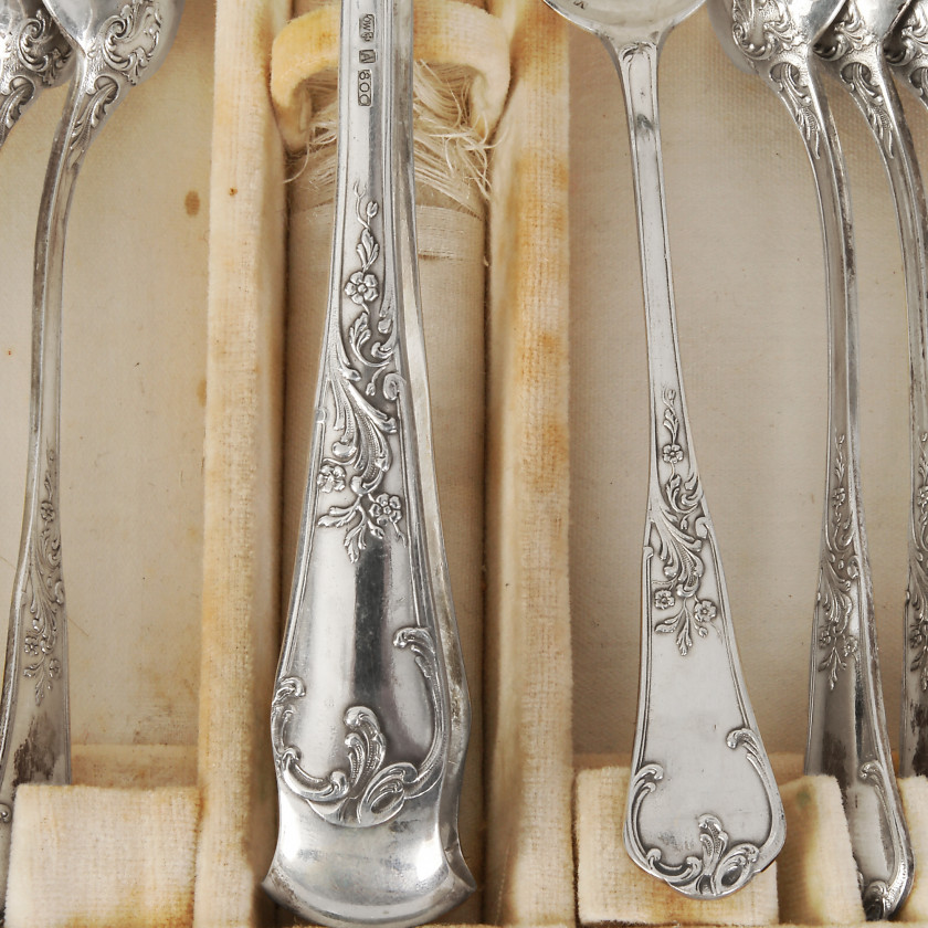 Set of silver teaspoons with sugar tongs, 13 pcs.