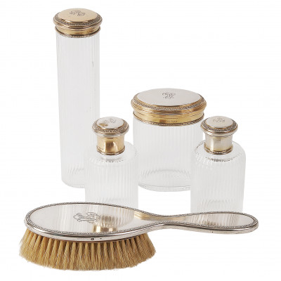 Silver and cut-glass toilet set