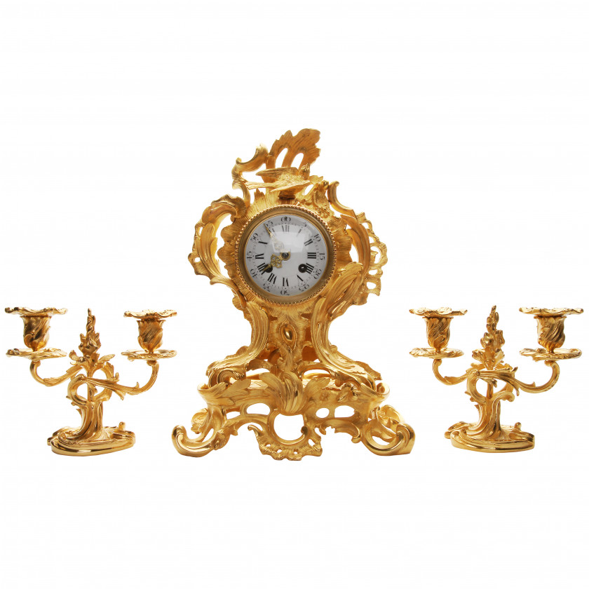Bronze mantel clock with candlesticks