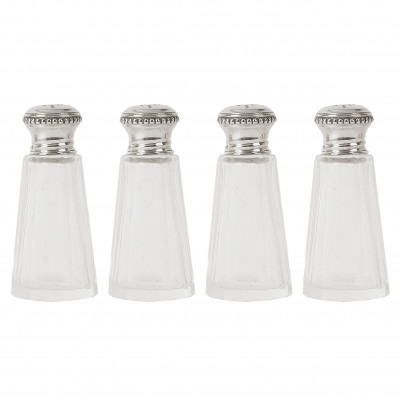 Set of four glass salt shakers with silver