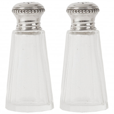 Set of two glass salt shakers with silver