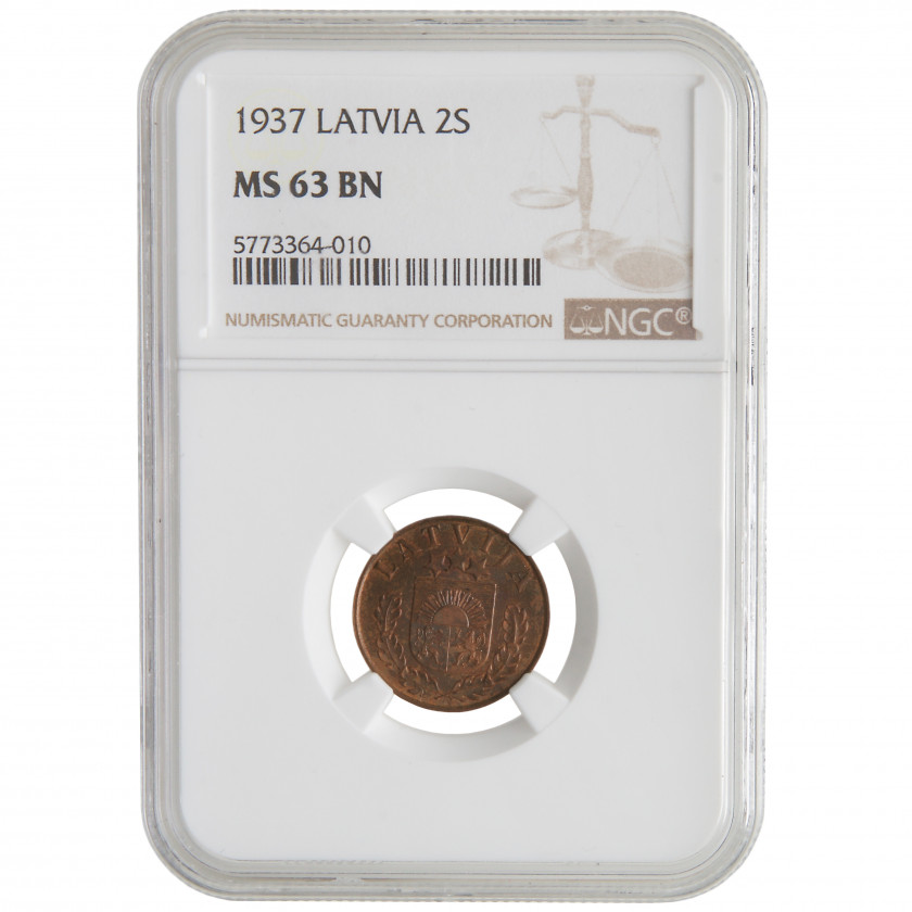 Monēta NGC slaba "2 santimi 1937. gadā, Latvija, MS 63 BN"