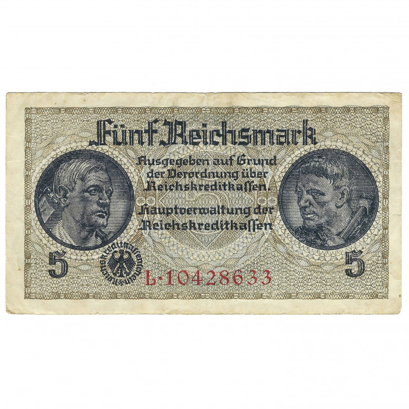 5 Reichsmark, nacistiskās Vācijas okupētās teritorijas, 1940-45 (VF)