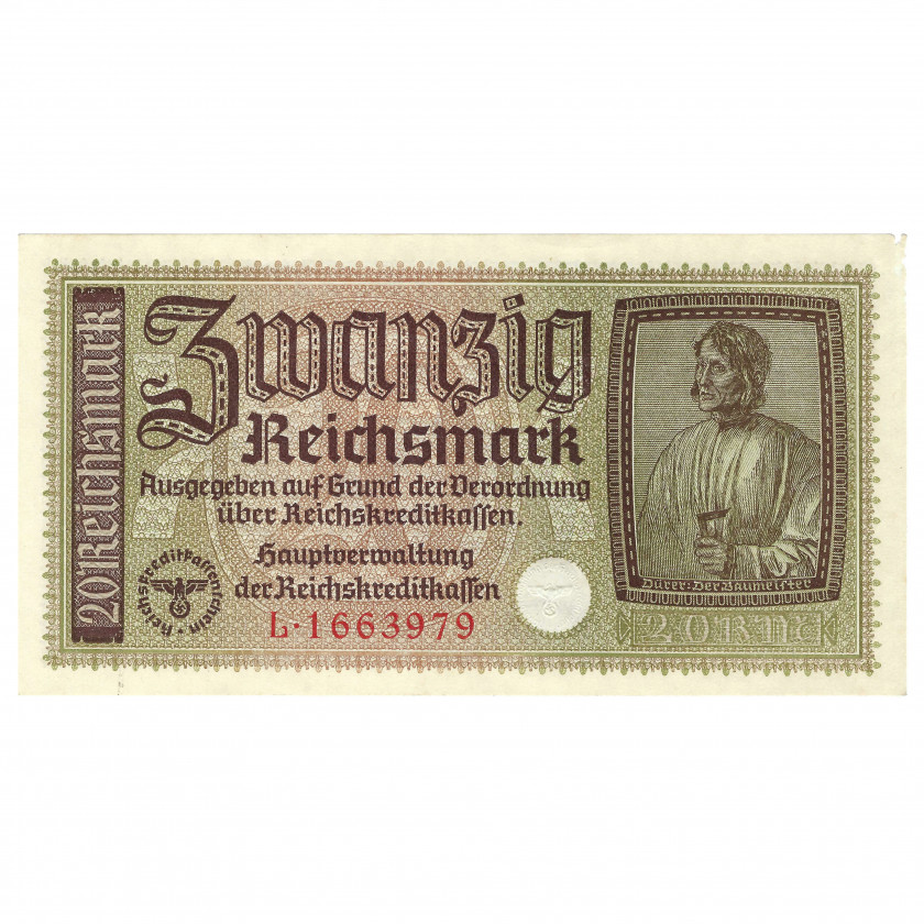 20 Reichsmark, nacistiskās Vācijas okupētās teritorijas, 1940-45 (VF)