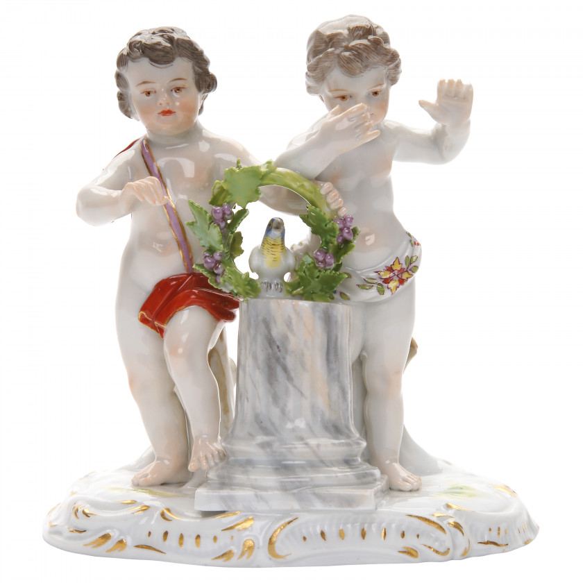 Porcelain figure "Two children with a column and a bird"