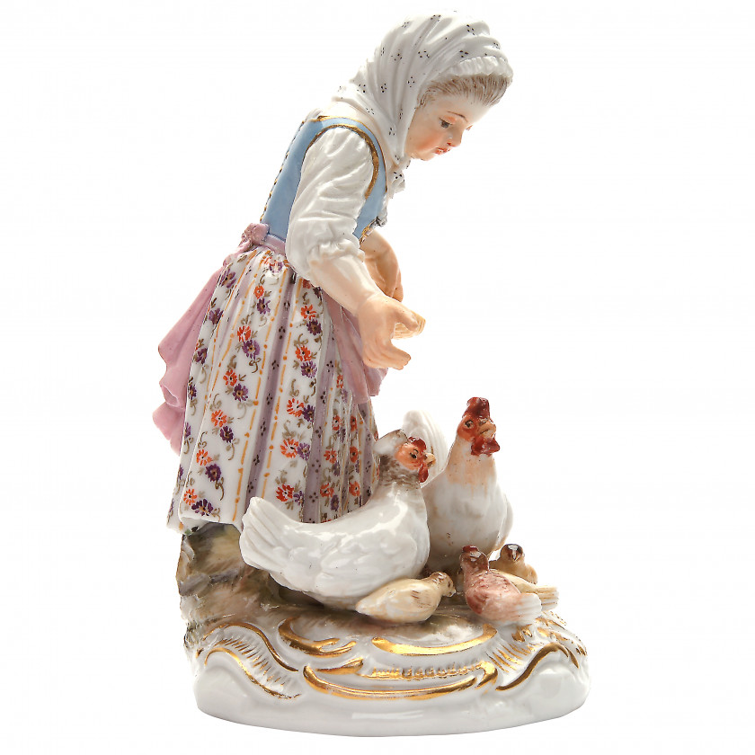 Porcelain figure "Girl feeding chickens"