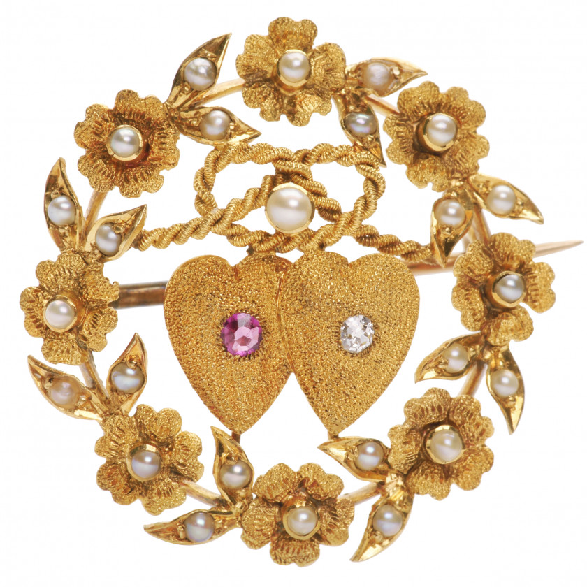 Gold brooch with ruby, diamond and pearls