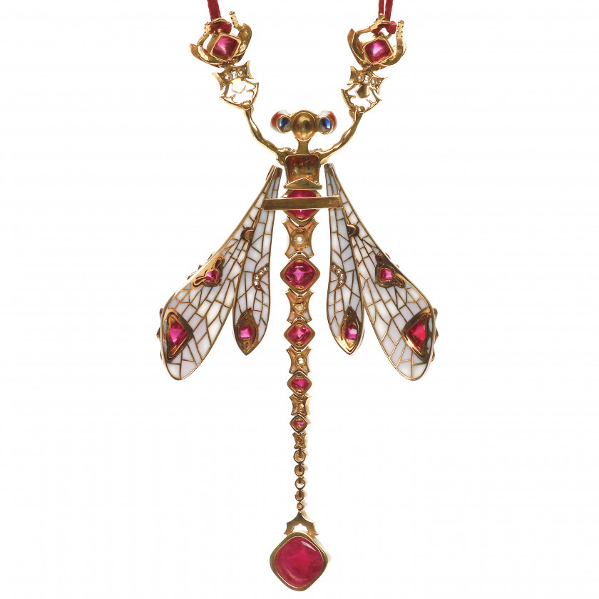 Gold necklace with rubies, diamonds and sapphires "Dragonfly women"