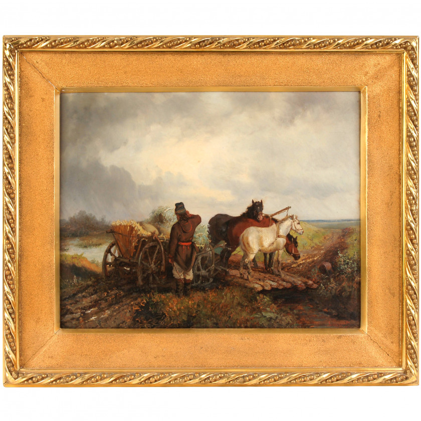 Painting "A peasant with a harvest cart"
