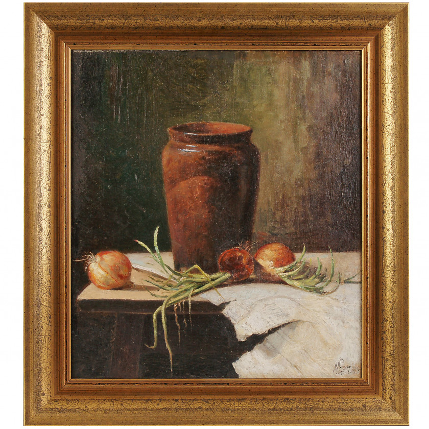Painting "Still life with jug and onions"