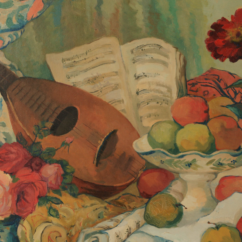 Glezna "Klusā daba ar ziediem un augļiem"