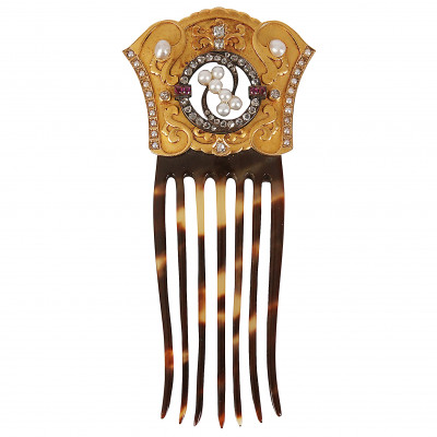 Gold comb with diamonds, rubies and pearls