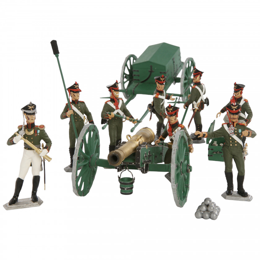 Set of tin figurines "Crew of a 12-pound cannon of foot artillery, aiming the gun, 1812"