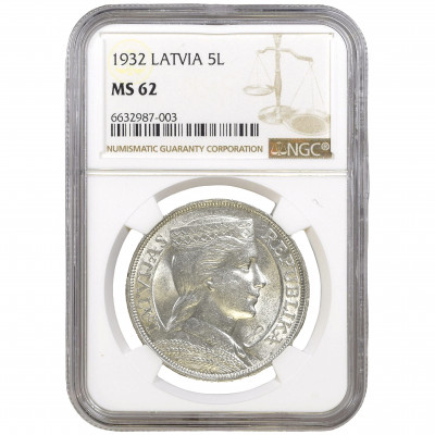 Coin in NGC slab "5 Lati 1932, Latvia, MS 62"