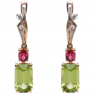 Gold earrings with peridots, spinels and diam...