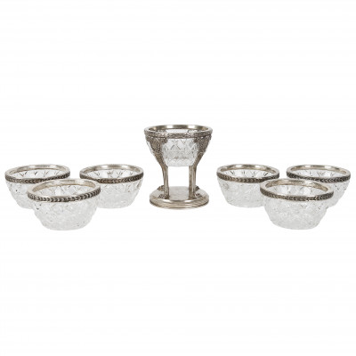 Set of crystal saltcellars with silver