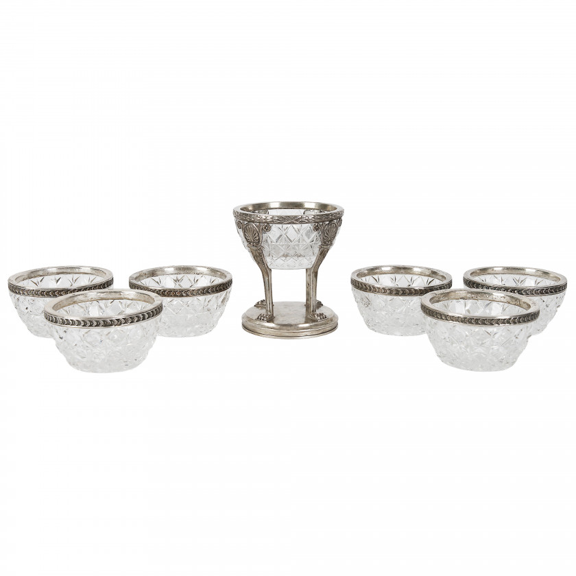 Set of crystal saltcellars with silver