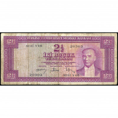 2 1/2 Лиры, Турция, 1930 (1957) (VG), Pick 15...