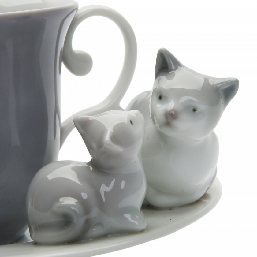 Pair of porcelain coffee cups with saucers "Happy Tea Time"