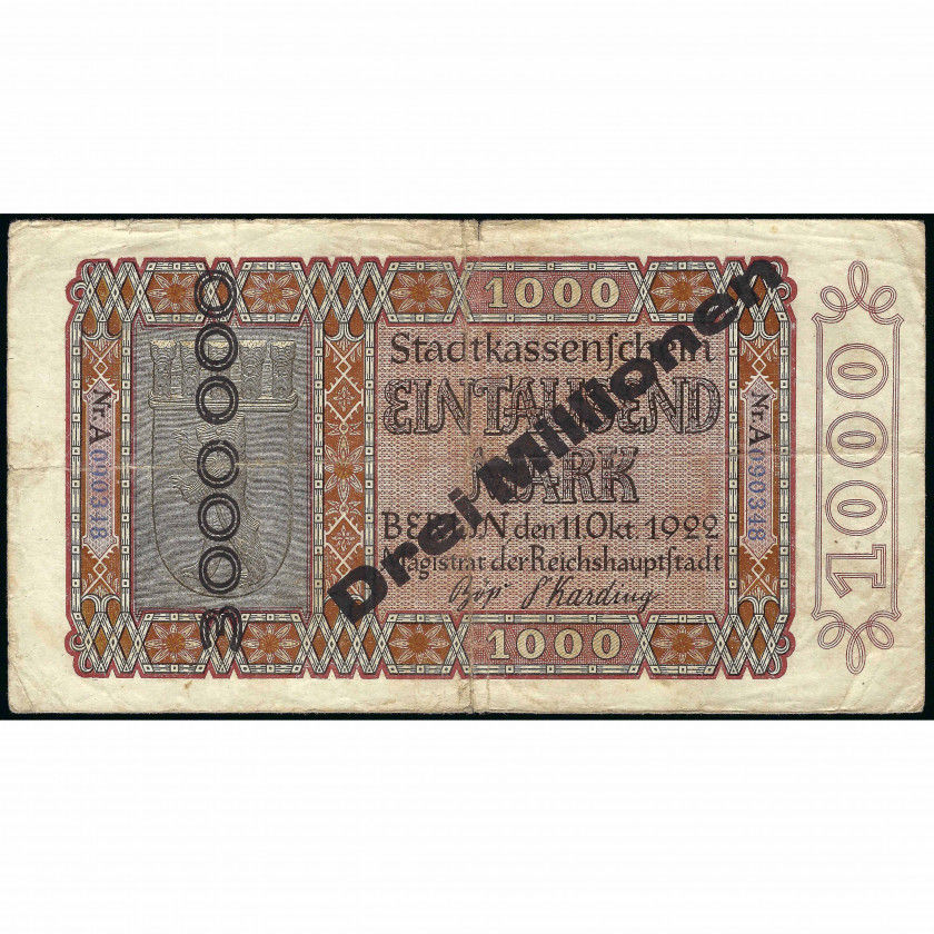 Нотгельд, 3 Миллиона Марок, Германия – Пруссия, город Берлин, 1922 (VG)