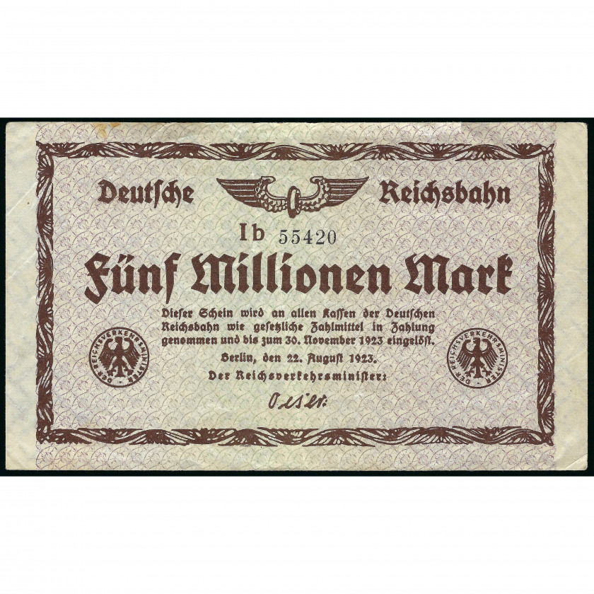 Нотгельд, 5 Миллионов Марок, Германия – Берлин, Германские железные дороги, 1923 (VF), Pick S1013b