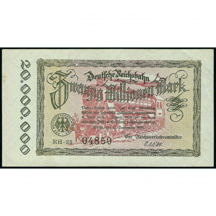 Нотгельд, 20 Миллионов Марок, Германия – Берлин, Германские железные дороги, 1923 (UNC), Pick S1015