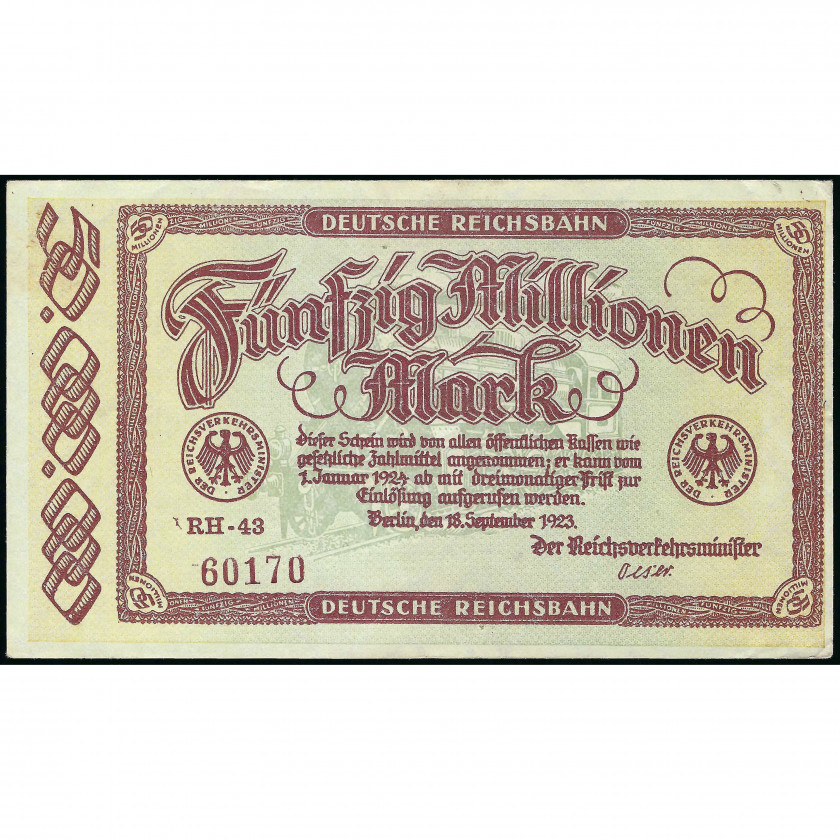 Нотгельд, 50 Миллионов Марок, Германия – Берлин, Германские железные дороги, 1923 (XF), Pick S1016
