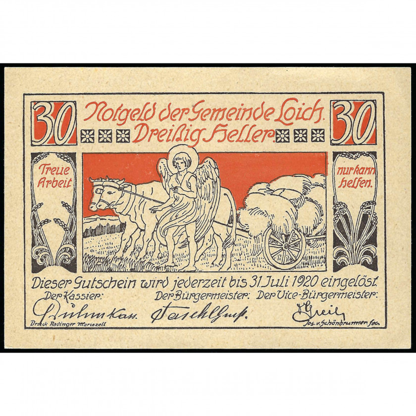 Нотгельд, 30 Геллеров, Австрия - Муниципалитет Лойх, 1920 г. (UNC)