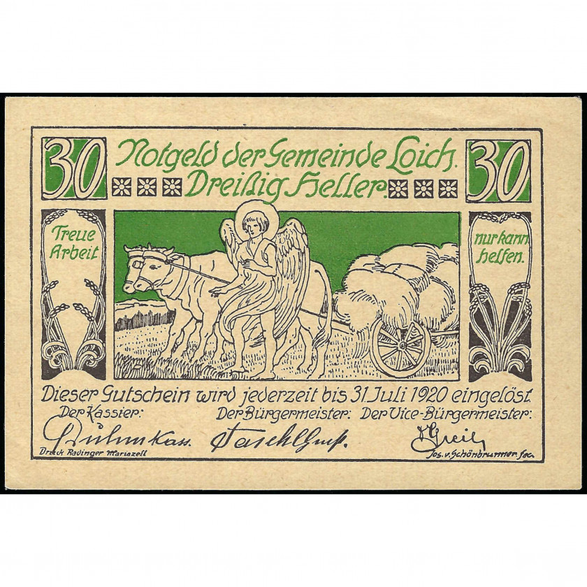 Нотгельд, 30 Геллеров, Австрия - Муниципалитет Лойх, 1920 г. (UNC)