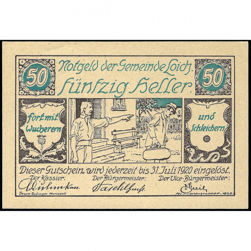 Нотгельд, 50 Геллеров, Австрия - Муниципалитет Лойх, 1920 г. (UNC)