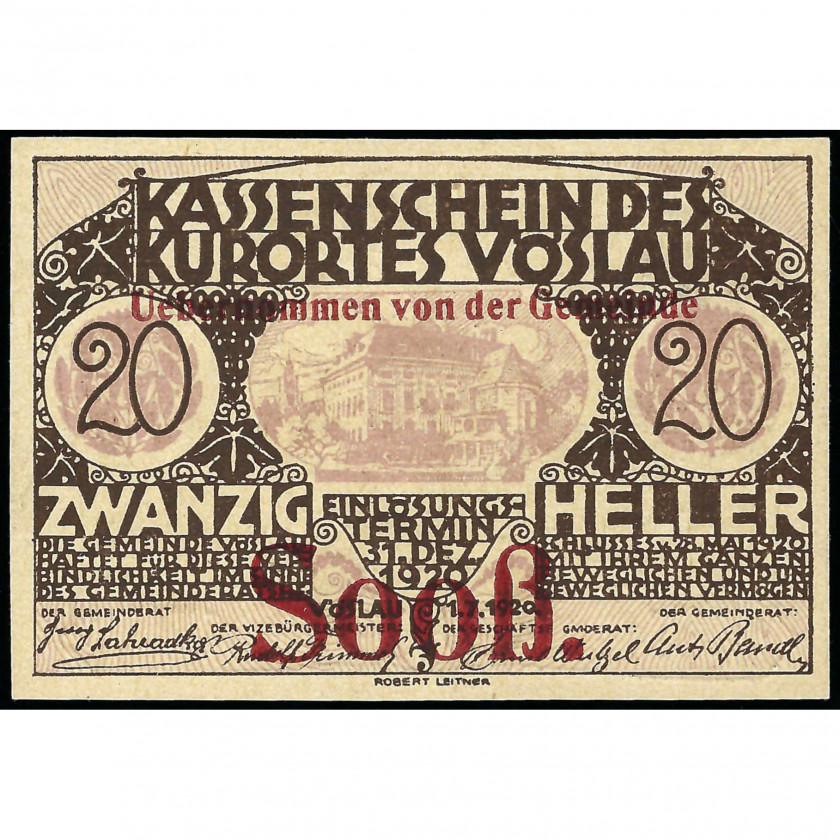 Нотгельд, 20 Геллеров, Австрия - Курортный Город Фёслaу, 1920 г. (UNC)