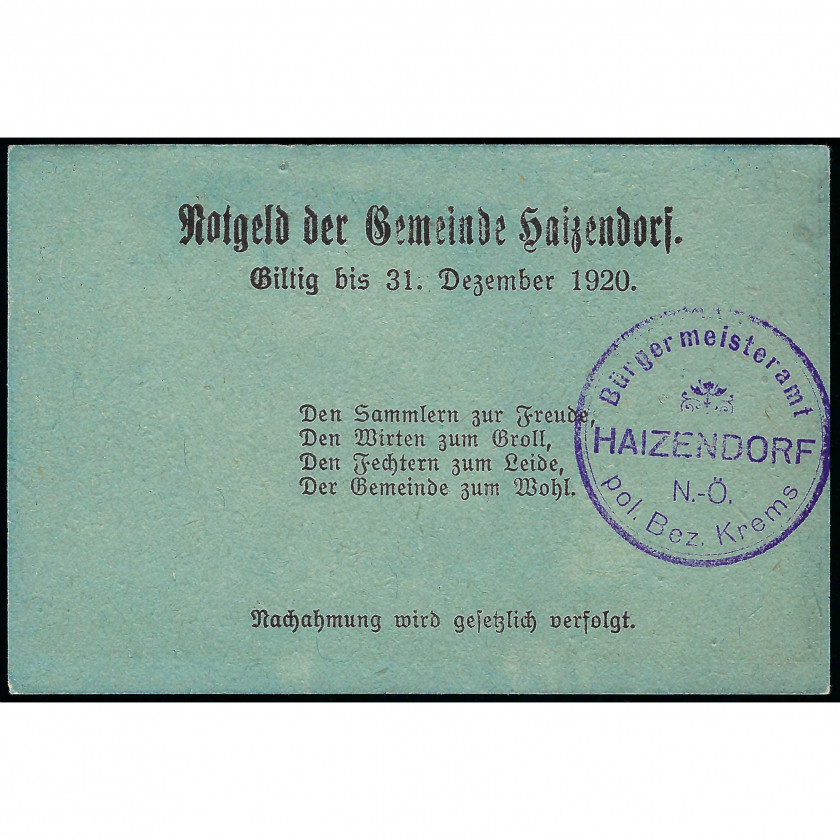 Нотгельд, 10 Геллеров, Австрия - Муниципалитет Хайзендорф, 1920 г. (XF)