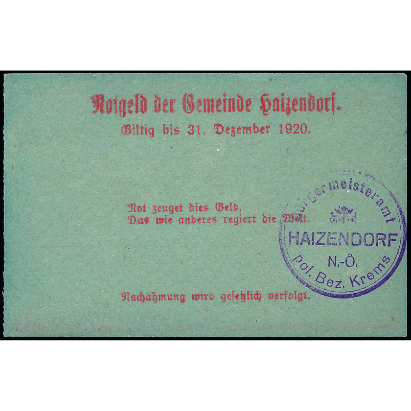 Нотгельд, 20 Геллеров, Австрия - Муниципалитет Хайзендорф, 1920 г. (UNC)