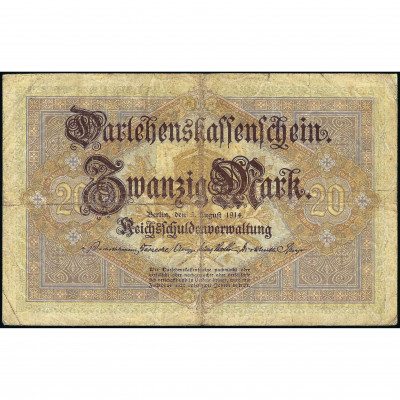 20 Марок, Германия, 1914 (F), 7-значный серий...