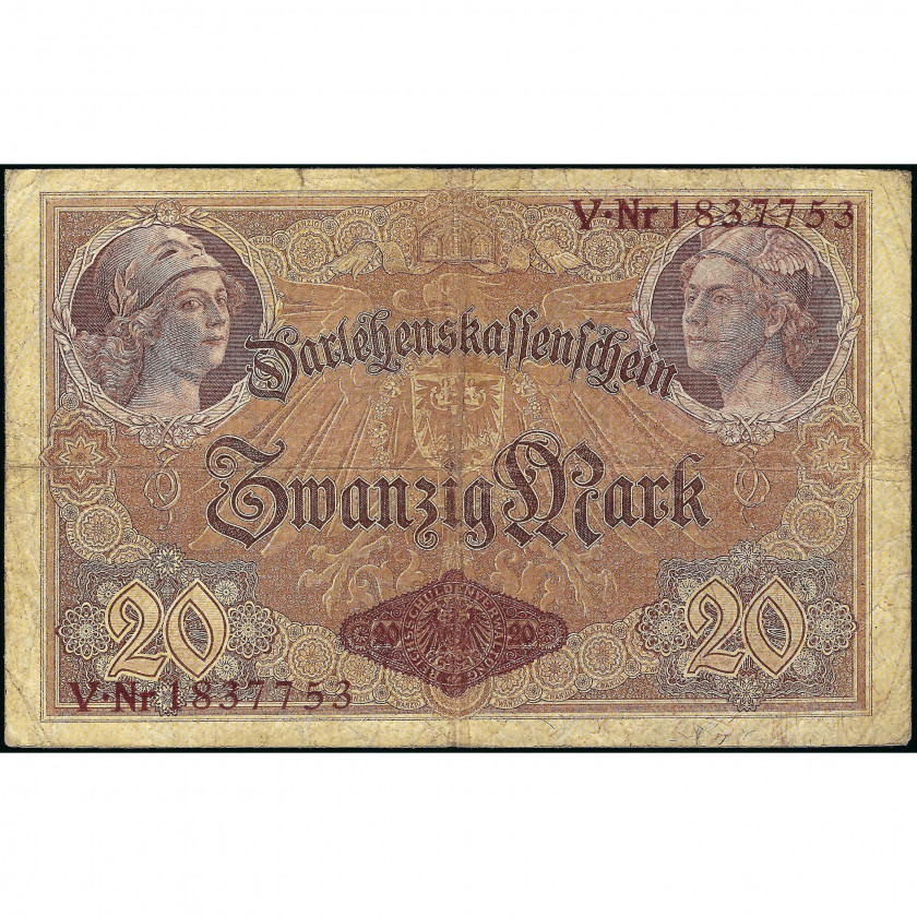 20 Марок, Германия, 1914 (F), 7-значный серийный номер, Pick 48b