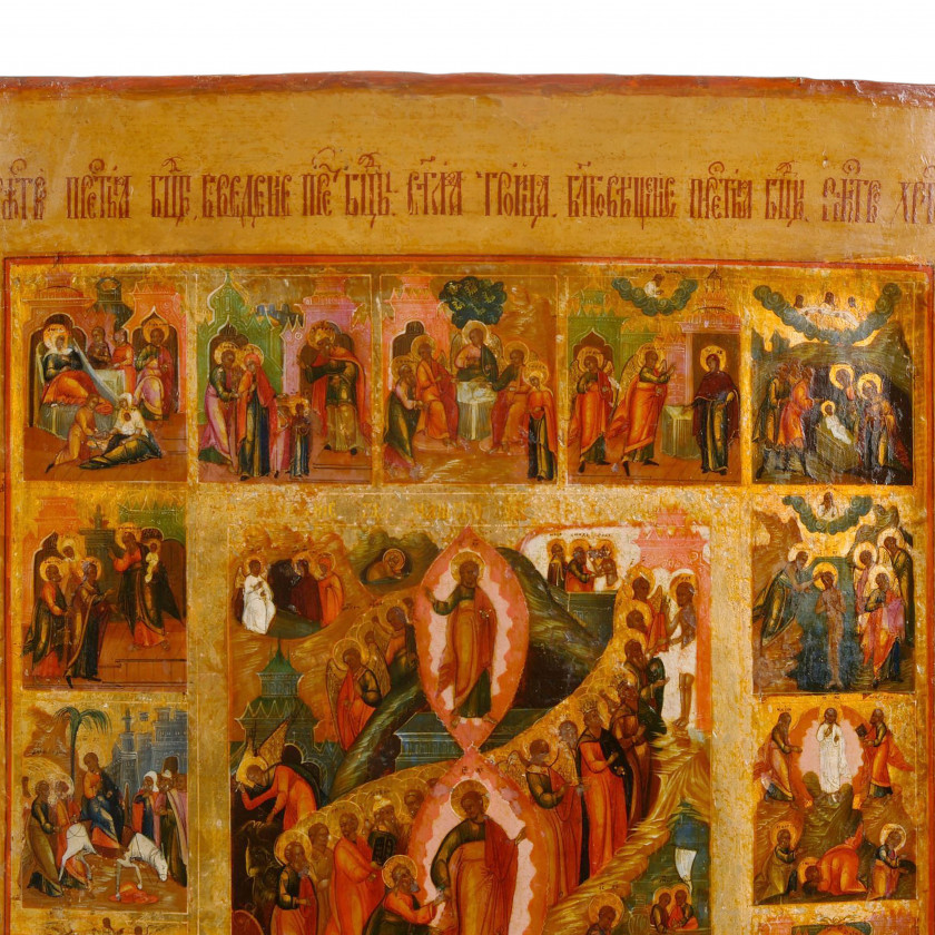 Икона "Воскресение и Сошествие во ад с праздниками"