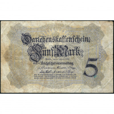 5 Markas, Vācija, 1914 (VG), 8 ciparu sērijas...