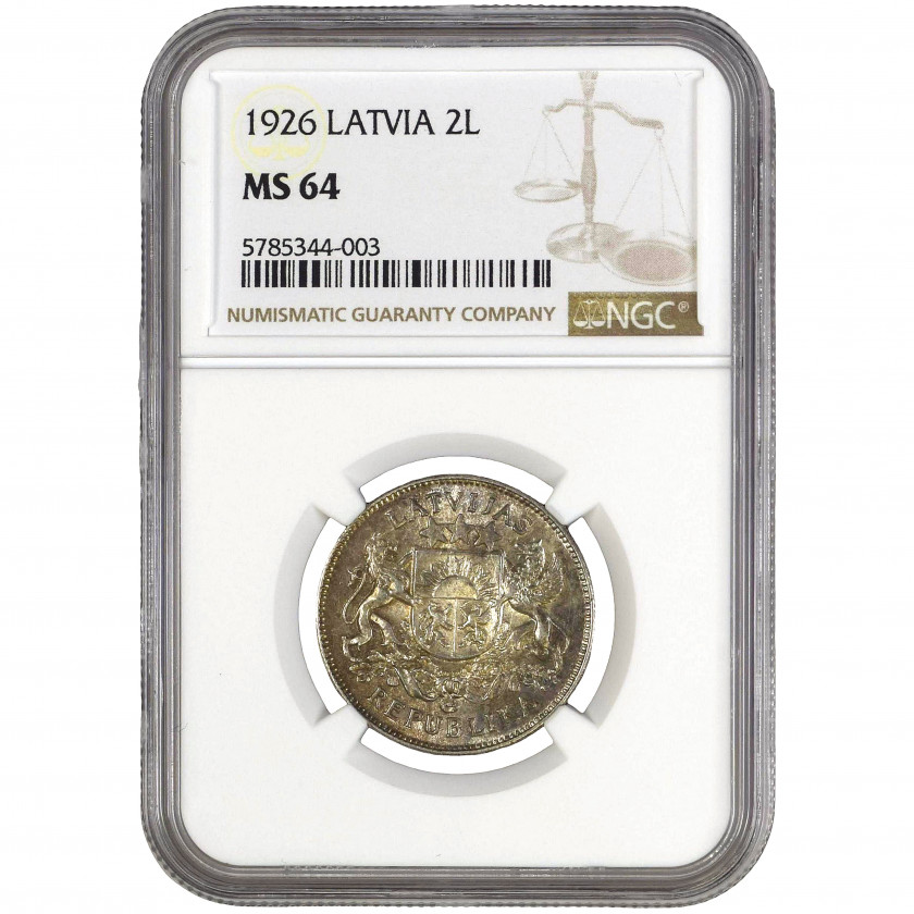 Coin in NGC slab "2 Lati 1926, Latvia, MS 64", KM 8