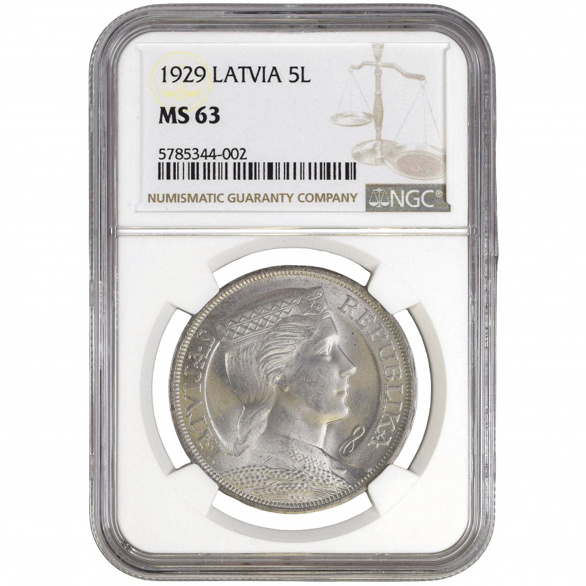 Coin in NGC slab "5 Lati 1929, Latvia, MS 63", KM 9