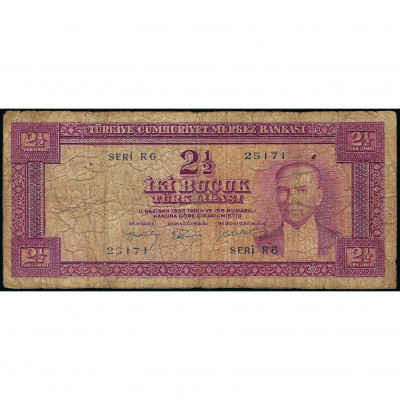 2 1/2 Lira, Turkey, 1930 (1955) (VG), Pick 15...