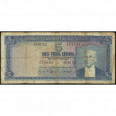 5 Lira, Turkey, 1930 (1959) (VG), Pick 155a