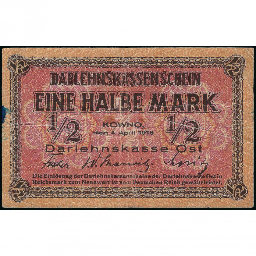 1/2 Mark, German Occupation of Lithuania During WWI, 1918 (F), Pick R127