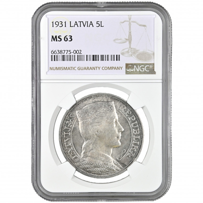 Monēta NGC slaba "5 Lati 1931. gadā, Latvija, MS 63"