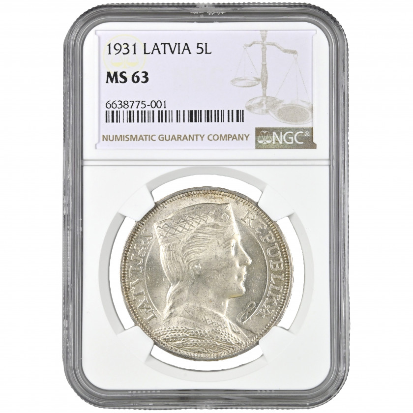 Монета в слабе NGC "5 Лат 1931 года, Латвия, MS 63"