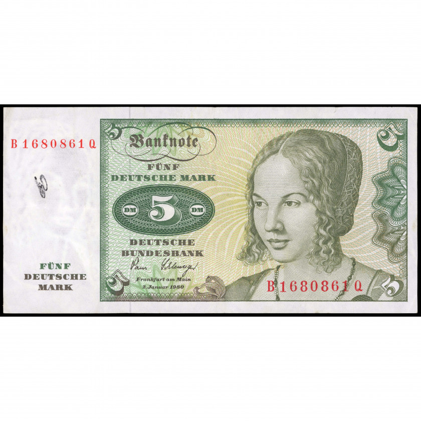 5 Vācu Markas, Vācija (Federatīvā Republika), 1980 (VF), Pick 30b