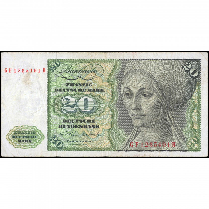 20 Vācu Markas, Vācija (Federatīvā Republika), 1970 (VF), Pick 32a