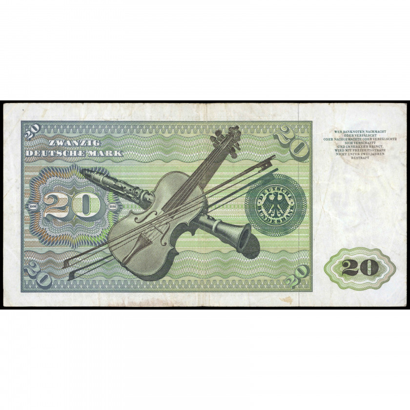 20 Vācu Markas, Vācija (Federatīvā Republika), 1970 (VF), Pick 32a